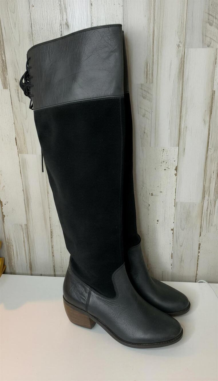 Lucky Brand Riding Boots Womens Size 6 Black Knee High Side Zip Block Heel